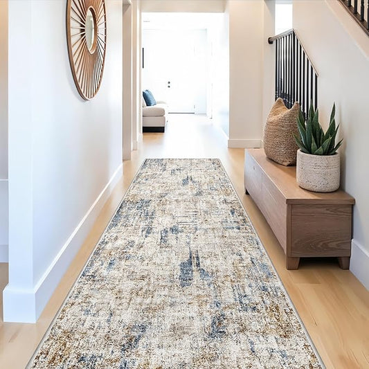 3x10 Ft Long Hallway Runner Rug - Non-Slip Washable Kitchen Runner Rug with Rubber Backing | Modern Abstract Wide Floor Carpet Runner for Indoor Entryway, Bedroom, Living Room （Blue Brown）
