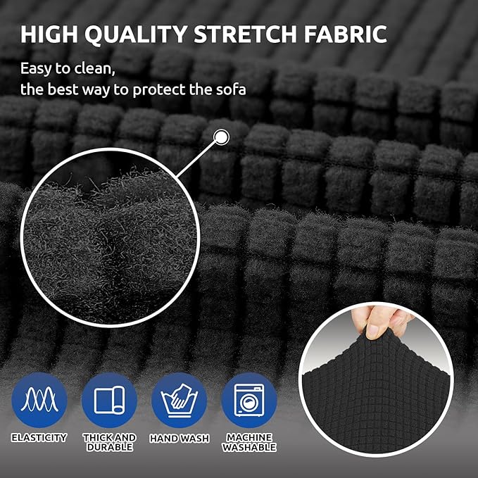 KEKUOU Stretch Sofa Cover Slipcover ???Couch Covers for 3 Cushion Couch Sofa pet Friendly (78"-94") Furniture Protector Sofa with Elastic Bottom for Kids,Dog, Jacquard Small Checked(Large,Black)