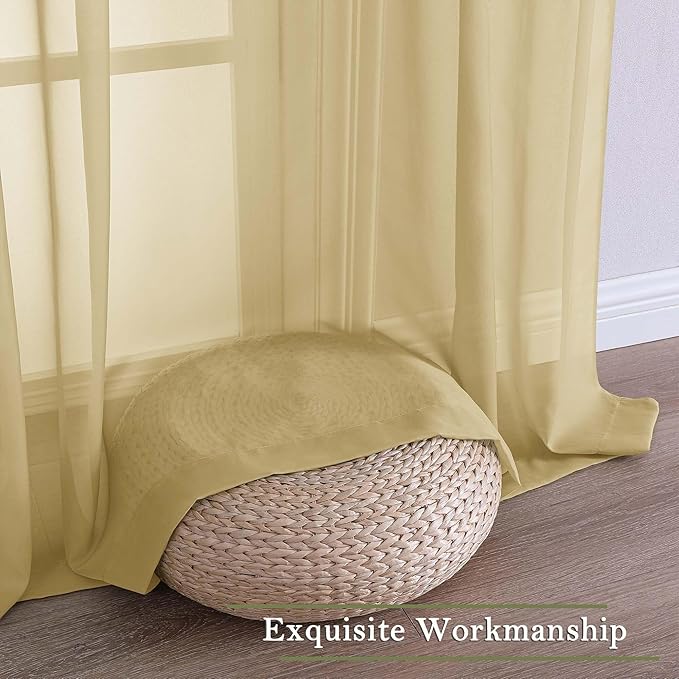 Lecloud Gold Sheer Curtains 96 Inches Long 2 Panels Set, Home Decor Light Filtering Airy Solid Color Drapes, Dual Rod Pocket Living Room Curtains for Bedroom Dining Room, Each Panel 59" W x 96" L