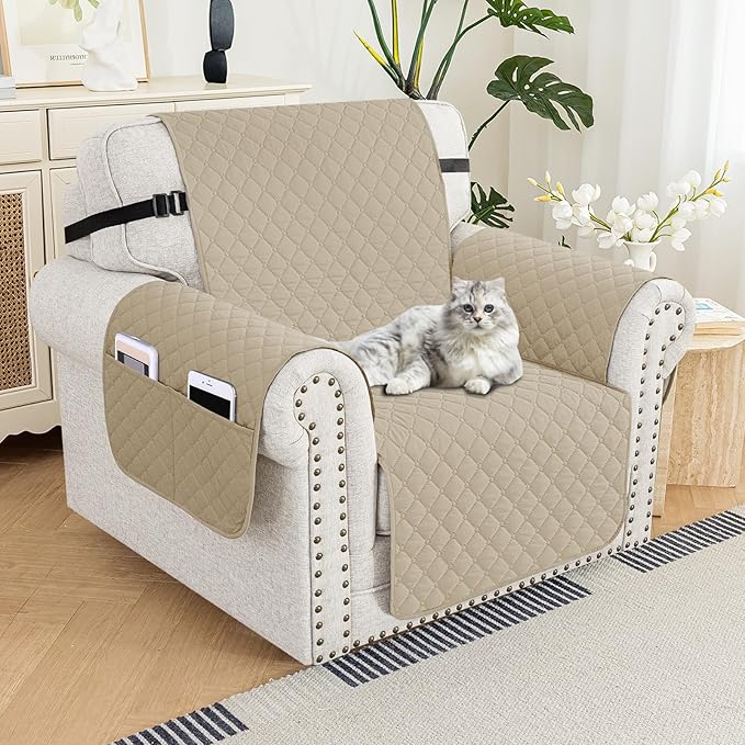 XINEAGE Quilted Chair Sofa Cover Waterproof Chair Covers for Armchair, Super Soft Washable Slipcover with Pockets & Non-Slip Elastic Straps, Thick Furniture Protector (Khaki)