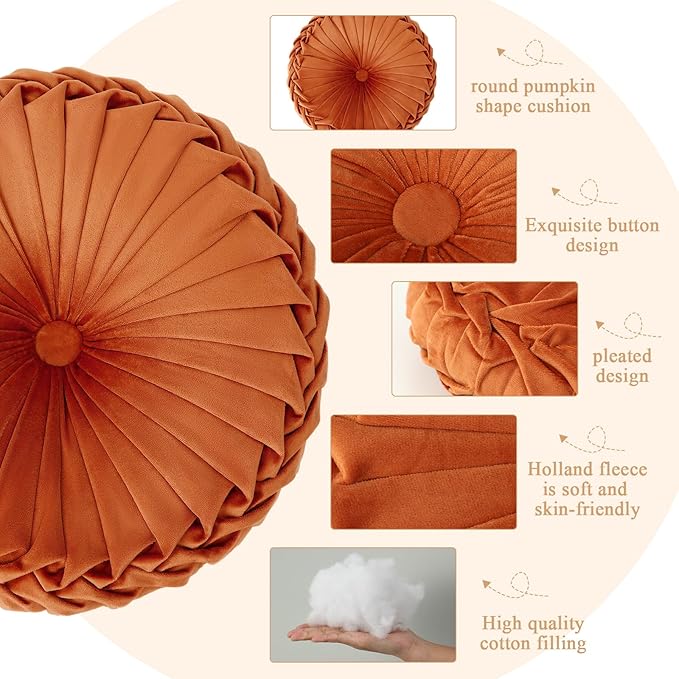 Drydiet 4 Pcs Round Throw Velvet Pillows Decorative Pleated Throw Pillows 15'' Diameter Accent Pumpkin Boho Chair Cushion for Couch Sofa Home Decoration (Burnt Orange,Yellow)