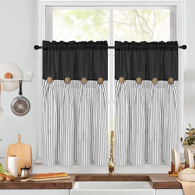 ASPMIZ Cotton Linen Farmhouse Kitchen Curtains, Black with Grey Stripe Tier Curtain 36 Inch Lenth, Boho Rustic Button Short Curtains for Small Window, Half Window Curtain for Kitchen Cafe, 2 Panels