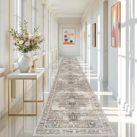 RUUGME Washable 3x20 Runner Rugs - Hallway Runner Rug for Living Room Stain Resistant Carpet with Non Slip Backing Vintage Rugs for Bedroom Kitchen Floor Decoration Mat 3x20 Beige