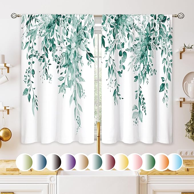 Eucalyptus Botanical Leaves Teal Floral Kitchen Window Curtains Over Sink Farmhouse Flower Leaf Small Window Treatment Cafe Short Curtains for Bathroom Treatment Tier Drapes 27.5x39inch