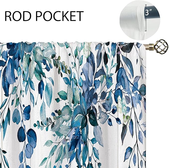 Navy Wooden Eucalyptus Small Kitchen Curtains Watercolor Leaves Window Treatment Flower Floral Plant Botanical Cafe Short Curtains for Bathroom Dining Fall Tier Treatment Drapes 26x30 inch
