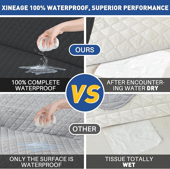 XINEAGE Loveseat Sofa Cover Waterproof Couch Covers for 2 Cushion Couch, Soft Washable Slipcover with Pockets & Non-Slip Elastic Straps, Thick Furniture Protector (Loveseat, Black)
