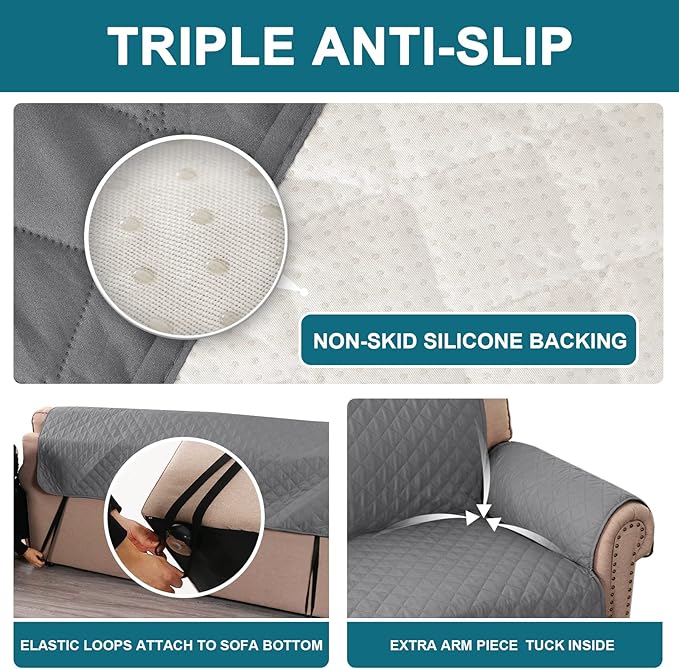 Turquoize 100% Waterproof Sofa Covers Couch Cover Sofa Cover for Dogs Couch Protector Triple Non-Slip Sofa Slipcover for 3 Cushion Couch Furniture Protector for Pets, Kids,Dog (XL Sofa 78", Gray)