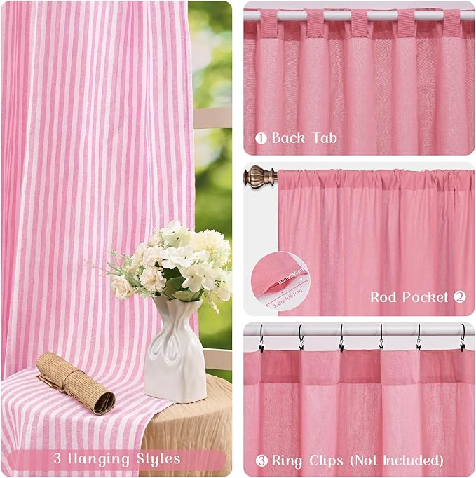 ASPMIZ Cotton Linen Pink Curtains for Girls Living Room, Rod Pocket & Back Tab Boho Curtains for Bedroom, Country Farmhouse Striped Curtain with Rustic Buttons, Home Decor, 52 x 84 Inch, 2 Panels