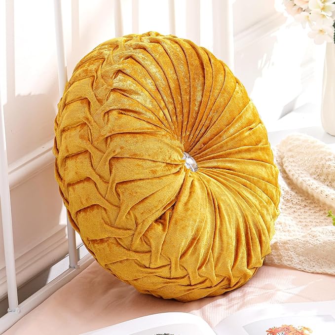 Drydiet 1 Pcs Round Throw Velvet Pillows Decorative Pleated Throw Pillows 15'' Diameter Accent Pumpkin Boho Chair Cushion for Couch Sofa Home Decoration (Velvet Gold)
