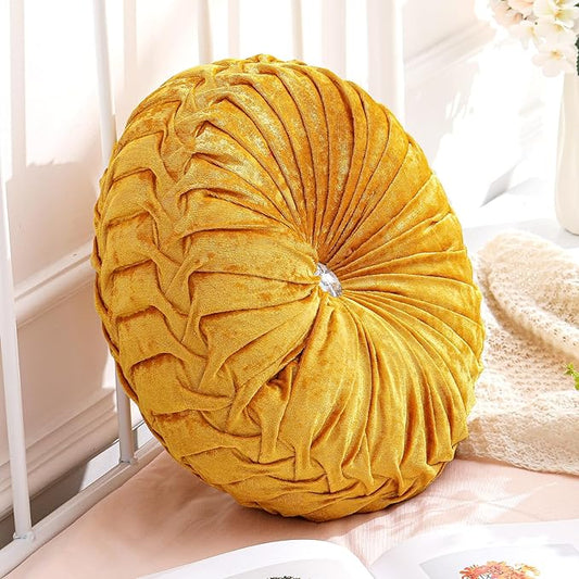 Drydiet 1 Pcs Round Throw Velvet Pillows Decorative Pleated Throw Pillows 15'' Diameter Accent Pumpkin Boho Chair Cushion for Couch Sofa Home Decoration (Velvet Gold)