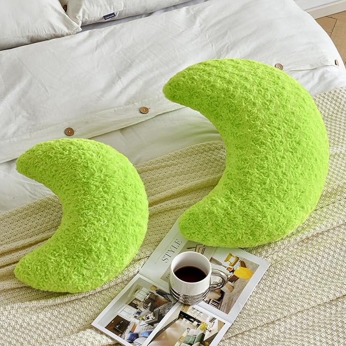 Moon Pillow, Decorative Throw Pillow with Soft Faux Fur for Couch Bed Sofa, Cute Half Moon Pillows with Room Decor for Bedroom Living Room (19 Inches, Green)