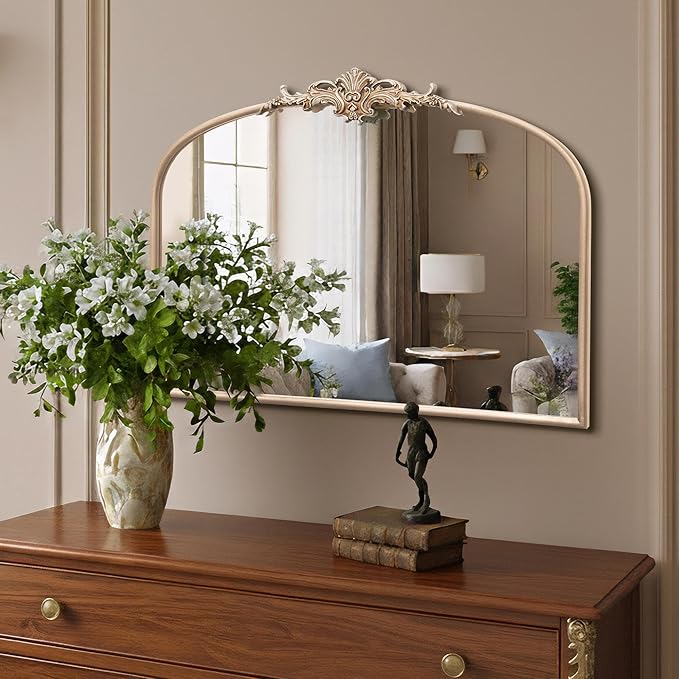 Besdomus Arched Vintage Gold Mirror: 32"x24" French Large Champagne Gold Antique Vanity Wall Mirror - Baroque Traditional Ornate for Fireplace/Bathroom/Living Room - Wall Decor for Fashion-Conscious