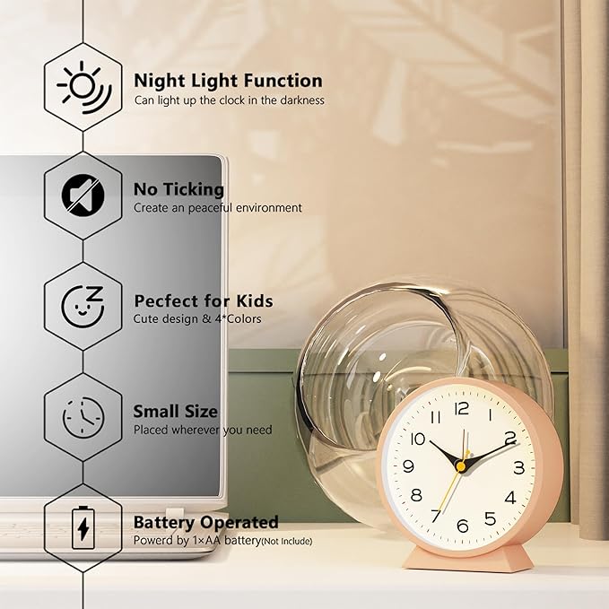 AYRELY?? 4.5" Analog Alarm Clock,Small Retro Desk Clock Battery Operated,Slient Metal Table Clock with Light for Living Room Decor,Bedroom,Bedside,Shelf(Light Pink)