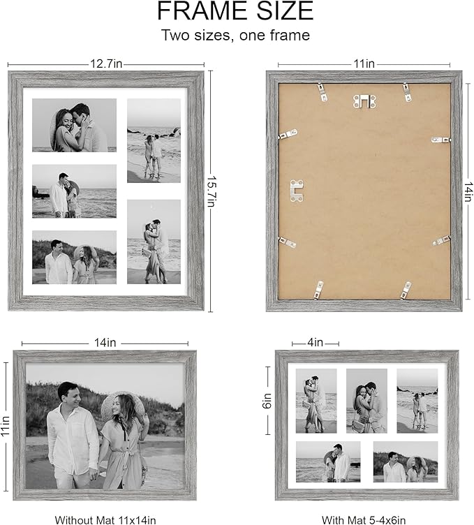 11x14 Picture Frame Set of 2, Grey Wood Frame with Real Glass Collage Picture Frames, Display Pictures Five 4x6 With Mat or 11 x 14 Without Mat, Photo Frames Wall Gallery