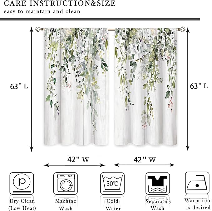 Farmhouse Sage Eucalyptus Botanical Leaves Floral Window Curtains Wooden Watercolor Wooden Flower Plant Wildflower Curtain Drapes Herb Curtains for Bedroom Living Room Treatment 42Wx63H Inch