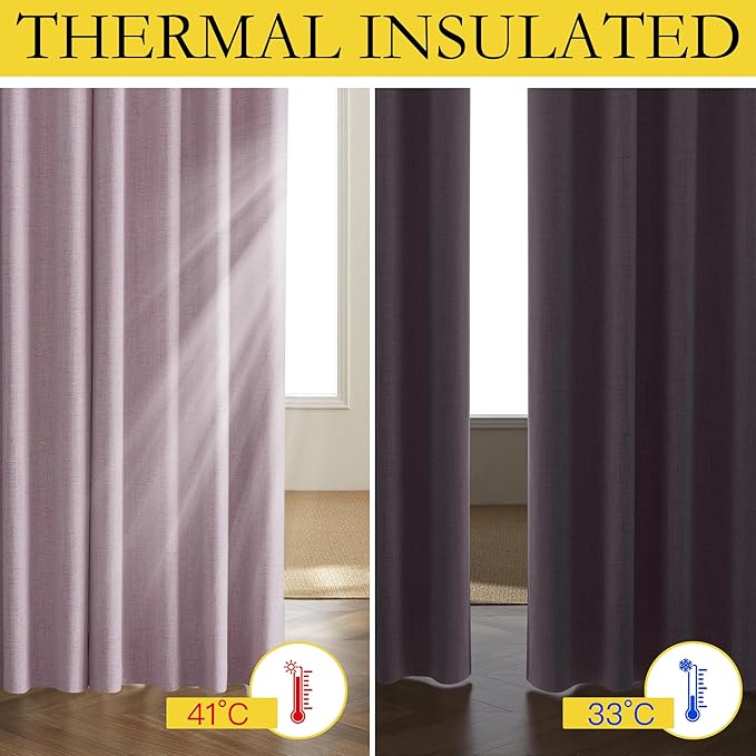 NICETOWN Pink Vintage Linen 100% Blackout Curtains for Dining Room, Thermal Insulated Curtains 45" Long, Noise Reducing Window Treatment Drapes for Kitchen, 42" Wide Per Panel, Set of 2