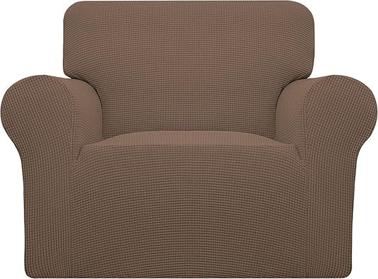 Easy-Going Stretch Chair Sofa Slipcover 1-Piece Couch Sofa Cover Furniture Protector Soft with Elastic Bottom for Kids, Pet. Spandex Jacquard Fabric Small Checks (Chair, Brown)