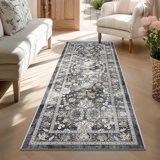 LOKHOM Washable Runner Rug, 2x6 Non-Slip Vintage Kitchen Rug with Rubber Backing, Boho Floral Soft Faux Wool Hallway Runner Rug Carpet Runner for Laundry Entryway Bedroom (Charcoal Grey)