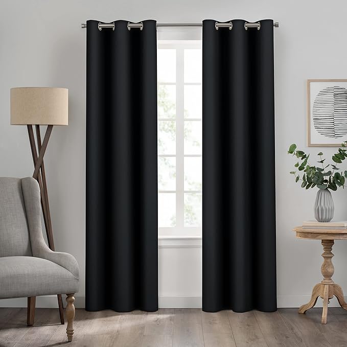 Eclipse Kendall Solid Textured Blackout Thermal Insulated Lining Grommet Window Curtain for Bedroom (1 Panel), 42 in x 84 in, Black