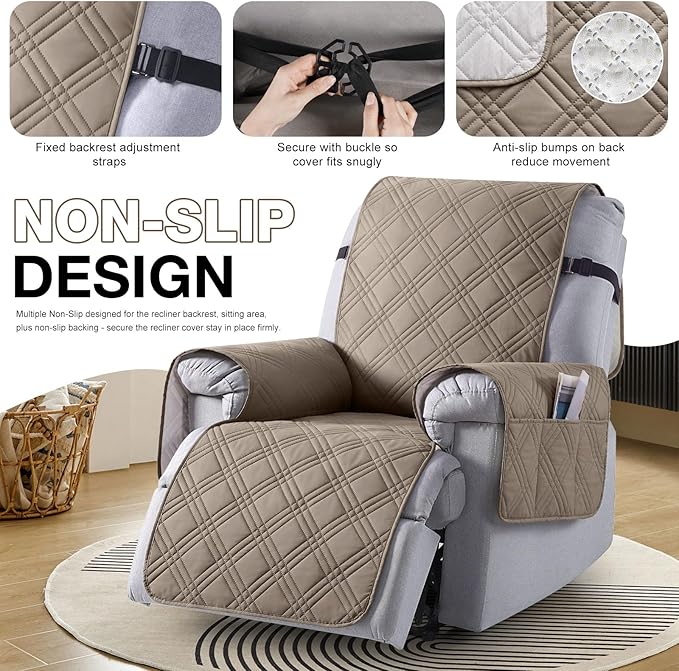 TAOCOCO 100% Waterproof Recliner Chair Cover, Non Slip Recliner Covers for Recliner Chair with Pocket, Washable Reclining Chair Cover Furniture Protector for Kids,Dogs(23.6'', Gray Taupe)