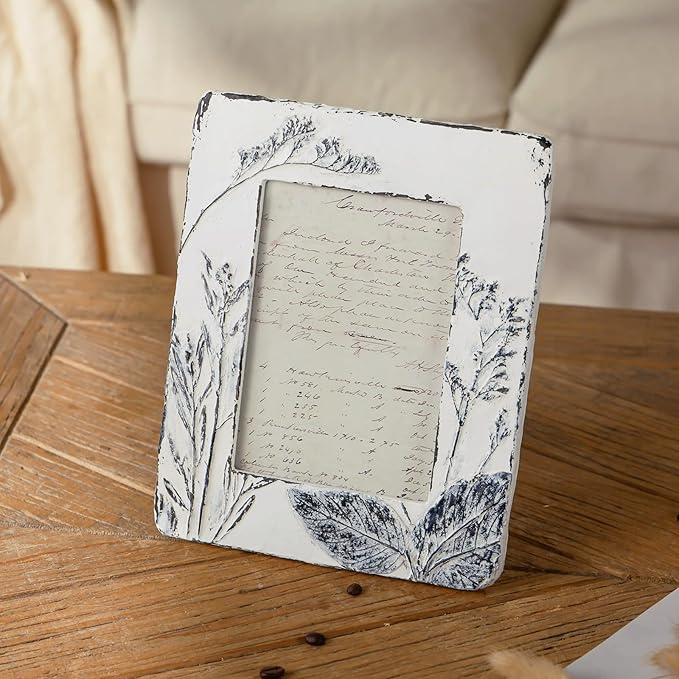NIKKY HOME Farmhouse 5x7 Picture Frame Boho Photo Frame with 3D Botanical Plant Textured and Rustic Whitewashed Finish, Hand-Crafted Resin Picture Frames with HD Glass for Tabletop Display