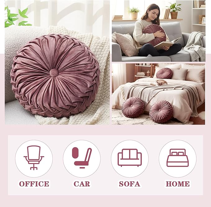 Drydiet 1 Pcs Round Throw Velvet Pillows Decorative Pleated Throw Pillows 15'' Diameter Accent Pumpkin Boho Chair Cushion for Couch Sofa Home Decoration (Dusty Rose)