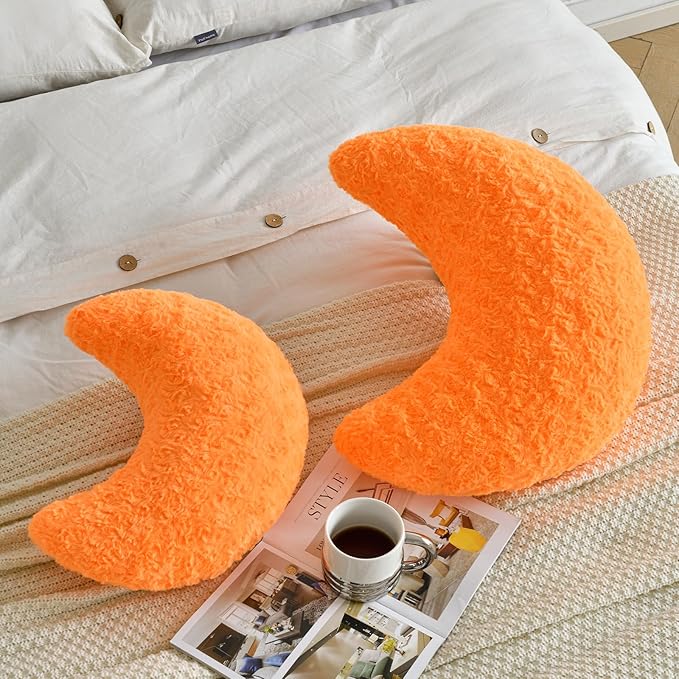 Moon Pillow, Decorative Throw Pillow with Soft Faux Fur for Couch Bed Sofa, Cute Half Moon Pillows with Room Decor for Bedroom Living Room (19 Inches, Orange)