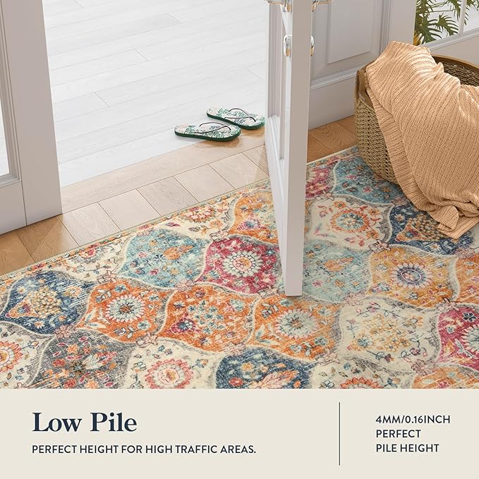 Lahome Moroccan Washable Kitchen Runner, 2x7 Runner Rug with Rubber Backing Non Slip, Vintage Hallway Rug Throw Carpet for Hallways Bedroom Laundry Room Entryway Elise, Cream/Multi
