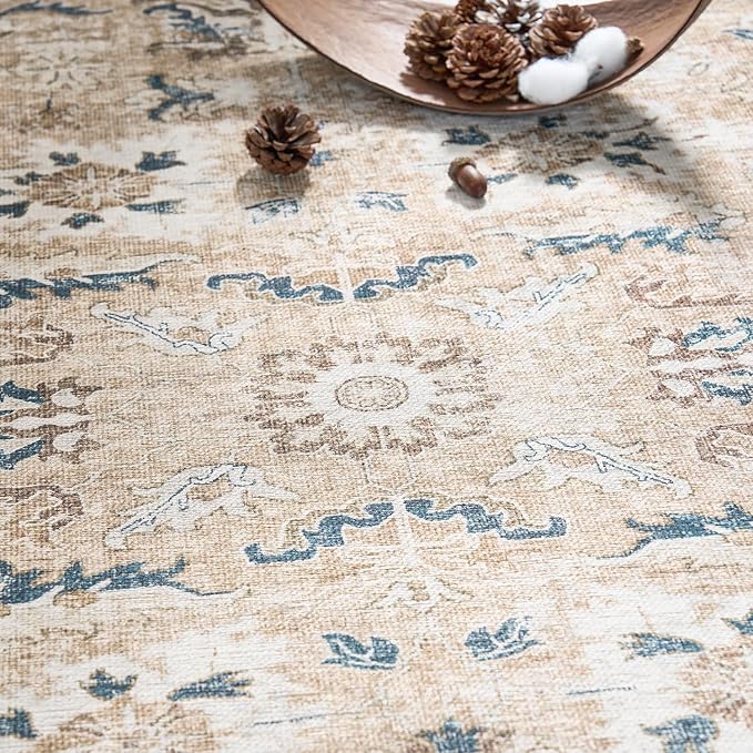 jinchan Round Rug 4ft Area Rug - Washable Boho Vintage Floral Circle 4' Round Floor Cover Lightweight Low Pile Thin Throw Non-Slip Carpet for Kitchen Living Room Bedroom Dining Room Office Pink Blush