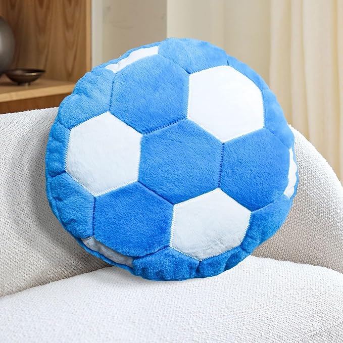 Blue Soccer Pillow Fluffy Soccer Ball Throw Pillow for Bedroom Decor Soft Sports Themed Room Accent Perfect for Soccer Decorations Easter Gifts 15.7 Inches