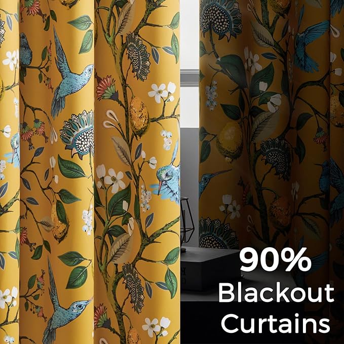 Topfinel Living Room Curtains 72 Inches Long Mustard Yellow Vintage Curtains & Drapes, Room Darkening Grommet Luxury Whimsical Floral Lemon Hummingbird Colorful Blackout Drapes for Living Room Bedroom