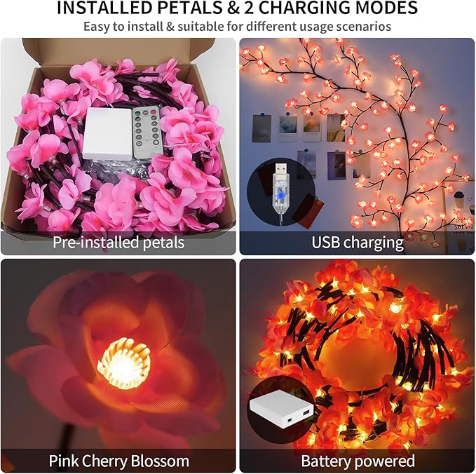 FNHMSL Cherry Enchanted Willow Vine Lights 7.55FT 144LED Pink Cherry Blossom Tree Branch Lights for Wall, Remote Timer,8 Light Model,Bedroom Wall Doors Wedding, Christmas, USB Battery Box