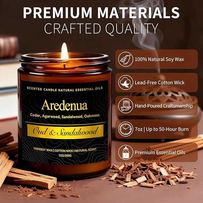 Oud & Sandalwood Candle for Meditation - Luxury Soy Candle for Home, Long Lasting Woody Aroma for Stress Relief & Calm, Hand Poured Scented Candle for Men & Women - Elegant Minimalist Home Decor