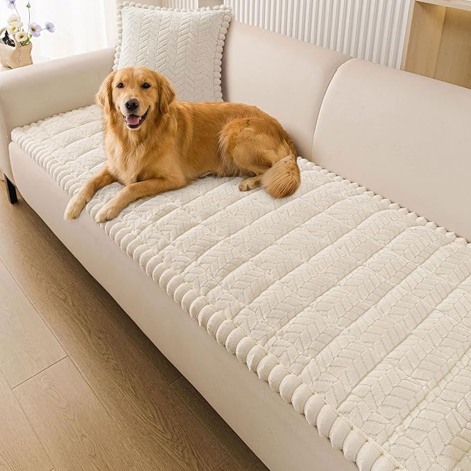 Smiry Non Slip Couch Covers for Dogs, Fuzzy Pet Couch Covers for 2 Cushion Sofa Pet Friendly, Soft Sofa Loveseat Slipcovers Cushion Furniture Protector Washable (Beige, 27.6" x 47")