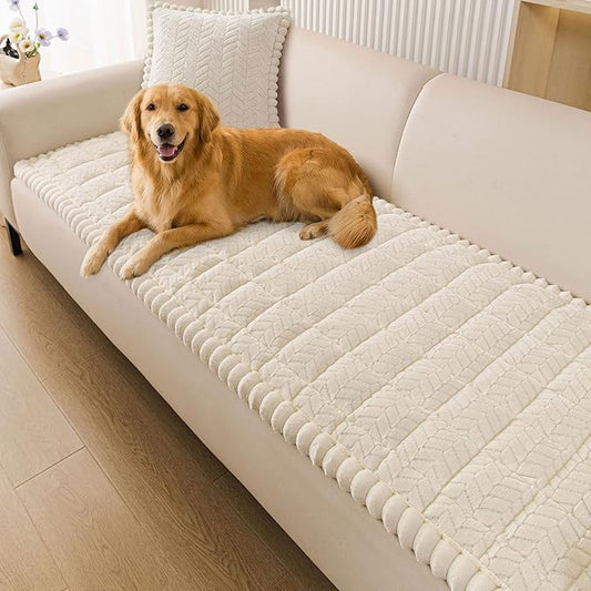 Smiry Non Slip Couch Covers for Dogs, Fuzzy Pet Couch Covers for 3 Cushion Sofa Pet Friendly, Soft Sofa Slipcovers Cushion Furniture Protector Washable (Beige, 27.6" x 82.7")