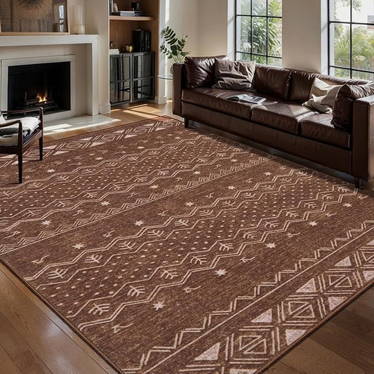 SERISSA 5x7 Area Rugs for Living Room, Washable Non-Slip Coffee Brown Boho Rug, Soft Low-Pile Geometric Indoor Large Carpet for Dining Room Bedroom Home Office Playroom