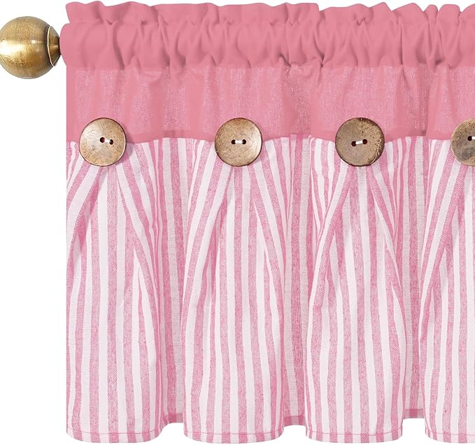 ASPMIZ Farmhouse Cotton Linen Valances for Windows, Boho Kitchen Curtains Valances with Rustic Button, Pink Striped Window Treatments Curtain Valance for Bathroom Cafe, 52 x 18 Inch, 1 Pannel