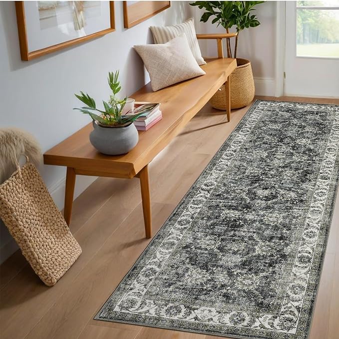 GarveeHome Washable 2.5x8 Rug Runners for Hallways, Vintage Floral Print Pattern Bathroom Rug, Non Slip Low Pile Stain Resistant Soft Foldable Long Floor Carpet for Bedroom, Entryway, Grey
