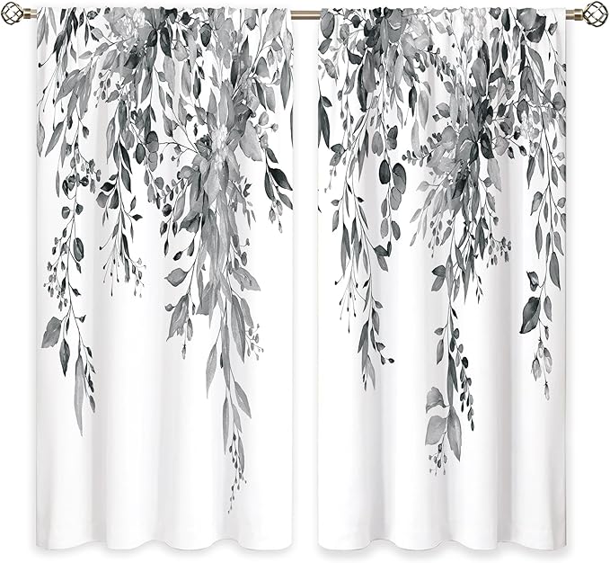Grey Eucalyptus Botanical Leaves Floral Window Curtains Watercolor Black White Flower Plant Wildflower Farmhouse Curtain Drapes Herb Curtains for Bedroom Living Room Treatment 42Wx45H Inch