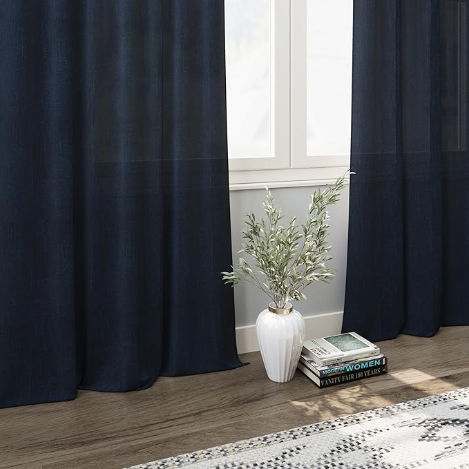 Navy Blue Linen Curtains 102 Inches Long for Living Room 2 Panel Set Back Tab Rod Pocket Indigo Semi Sheer Curtains Light Filtering Burlap Extra Long Drapes Farmhouse Decor for High Window 40x102