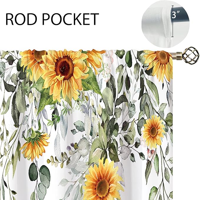 Farmhouse Sunflower Eucalyptus Botanical Leaves Floral Window Curtains Yellow Flower Watercolor Plant Wildflower Curtain Drapes Herb Curtains for Bedroom Living Room Treatment 42Wx63H Inch