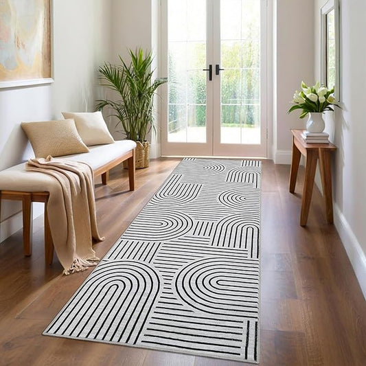 ROYHOME Modern Rug 2x6 Runners for Hallways, Abstract Kitchen Runner Rugs Non Slip Bath Runner, Rainbow Washable Runners Rug for Bedroom, Soft Long Rugs for Entryway Bathroom Laundry Dorm, Blackwhite