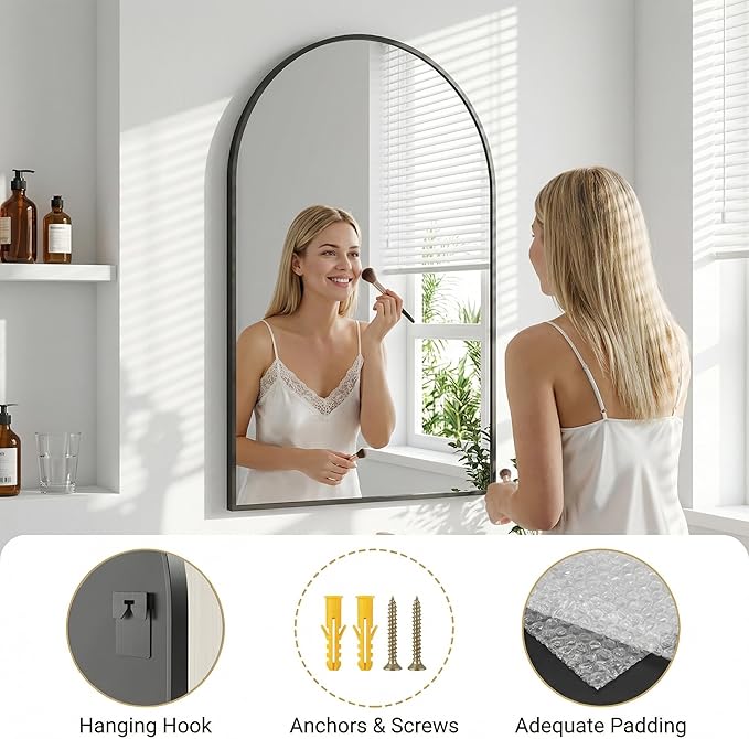Antok Arched Bathroom Mirror, 26"x38" Wall Mounted Mirror, Vanity Mirrors for Over Sink, Aluminum Alloy Frame Bathroom Mirrors Living Room, Bedroom and Entryway, Black