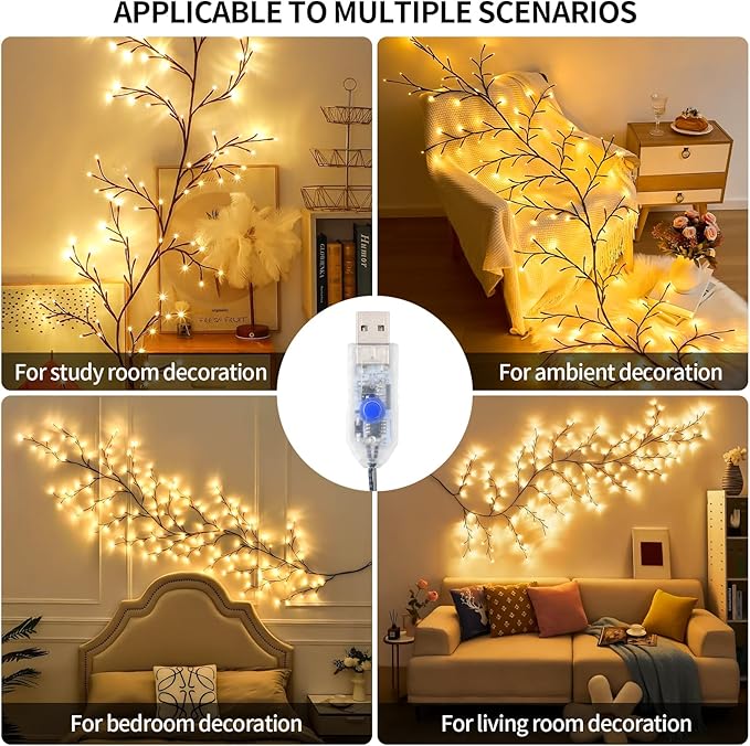 FNHMSL Enchanted Willow Vine Lights 7.55FT 144LED 1 PCS Brown Tree Branch Lights for Wall, Remote Timer,8 Light Model,Bedroom Wall Doors Wedding, Christmas, USB Battery Box