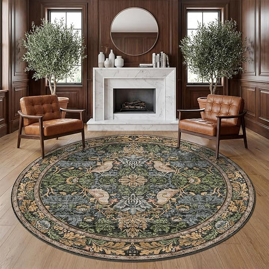 Washable Round Area Rugs 6ft for Living Room, Green Forest Soft Non-Slip Circle Rug with Rubber Backing, Vintage Large Boho Floral Bird Carpet for Bedroom, Kitchen, Nursery, Stain Resistant