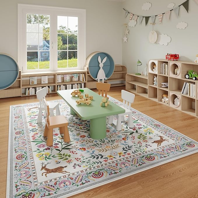 Rugcomf 8x10 Area Rugs for Living Room Washable Rug Floral Non-Slip Large Rug for Living Room, Bedroom, Farmhouse, Dining Room, Kids Playroom(Colorful)