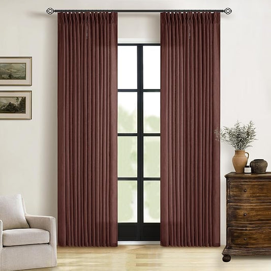 Dark Terracotta 80 Inch Pinch Pleated Linen Curtains 2 Panel Set for Living Room Thick Linen Drapes 80 Inches Long Pinch Pleat Drapes Semi Sheer Curtain for Dining Bedroom Office Maroon Red Brown
