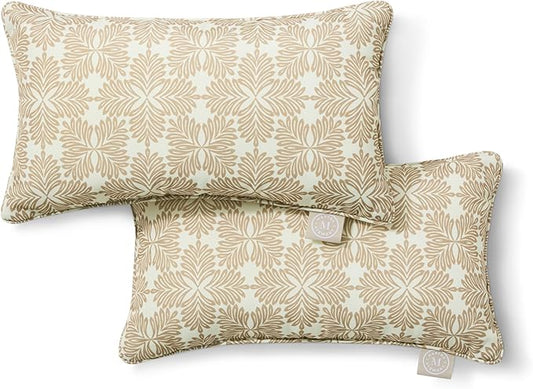 Martha Stewart Tulum Indoor Outdoor Decorative Lumbar Pillow 2-Pack Set, UV Fade Resistant, Water Repellent, Printed Modern Design, Taupe, 11"x18"