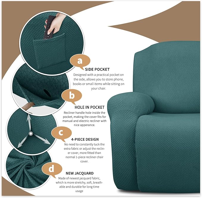 JIVINER 4-Piece Recliner Chair Covers Stretch Jacquard Covers for Reclining Chair Recliner Slipcovers for Living Room Soft Recliner Protector with Pocket (Recliner, Peacock Blue)
