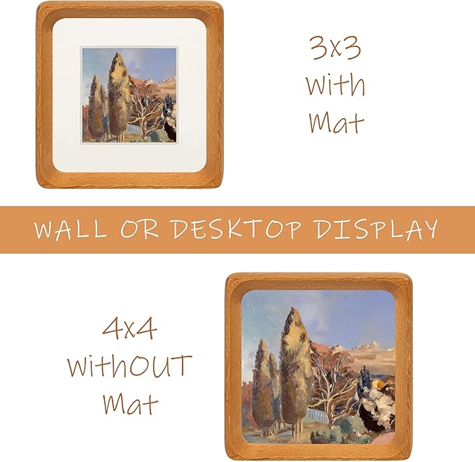 Square 4x4 Picture Frame with Mat for 3x3, Natural Teak Wood Handcrafted Rounded Corner with Real Glass, Vertical or Horizontal Display Photo Gallery Wall & Tabletop Frame